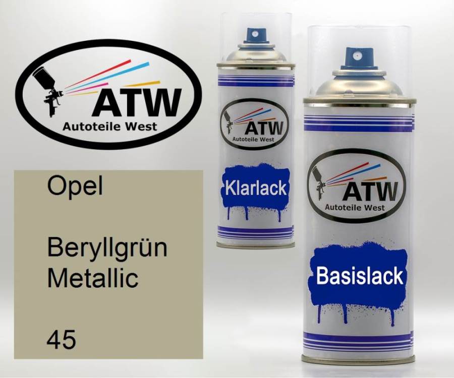 Opel, Beryllgrün Metallic, 045: 400ml Sprühdose + 400ml Klarlack - Set, von ATW Autoteile West.